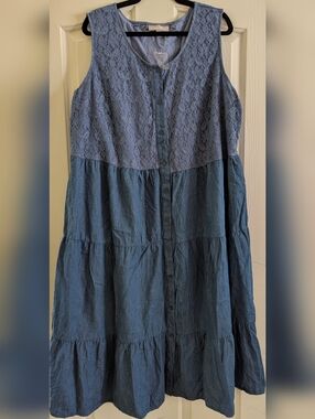 Woman Within Blue Tiered Lace-Top Button Front Dress